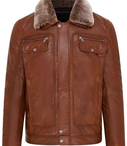Mens Leather Jacket Trucker Removable Sheepskin Collar Casual Jacket - Tan