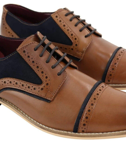 Mens Classic Navy Suede Oxford Brogue Derby Shoes In Tan Leather