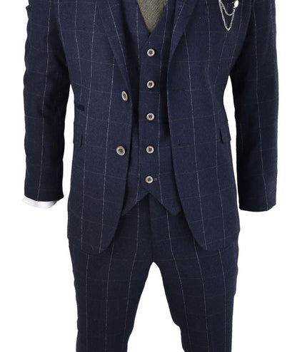 Mens 3 Piece Wool Suit Navy Blue Tweed Check Peaky Blinders 1920 Gatsby Formal