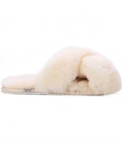 Women's Sheepskin Slippers Beige Warm Winter Fur Crossover - Snowbelle