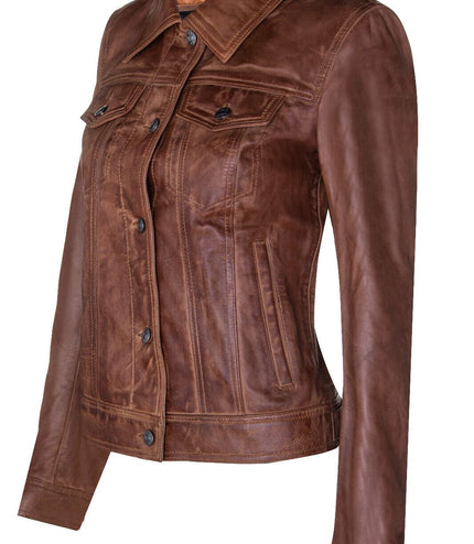 Womens Leather Trucker Jeans Jacket-Anderlecht - Tan