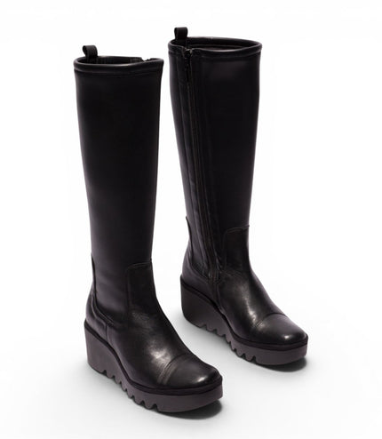 Fly London Womens Black Leather High Wedge Heel Long Boots - BUDI603