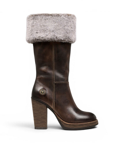 Windsorsmith Womens Mid Calf Brown Leather High Heel Fur Boots - Lovestruck