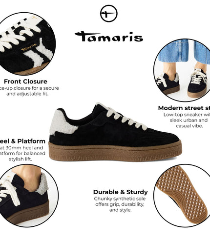 Tamaris Womens Black White Fur Suede Leather Fashion Lace Up Sneakers
