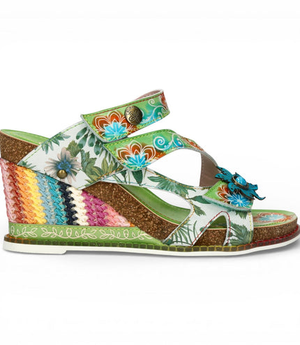 Laura Vita Women's Balade 32 Rose Pink Floral Leather Wedge Espadrille Sandals - Green