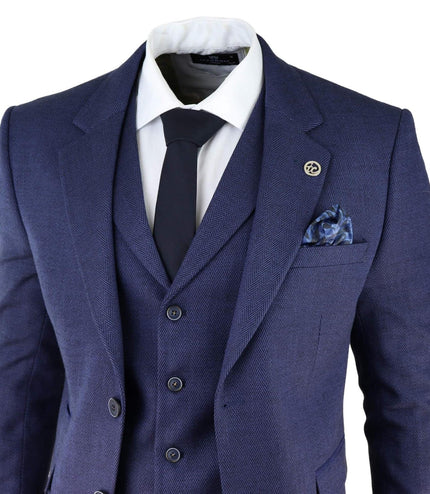 Mens Navy Blue 3 Piece Tweed Herringbone Suit Peaky Blinders Classic Tailored