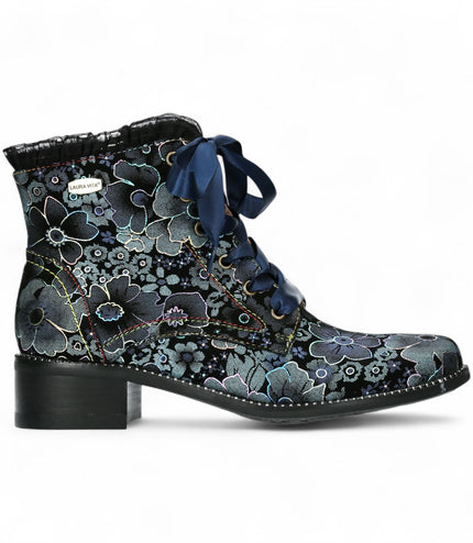 Laura Vita Emcmao-45 Blue Floral Womens Gothic Victorian Leather Ankle Heeled Boots