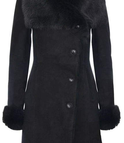 Womens Suede Merino Shearling Coat with Toscana Collar-Hanoi - Black