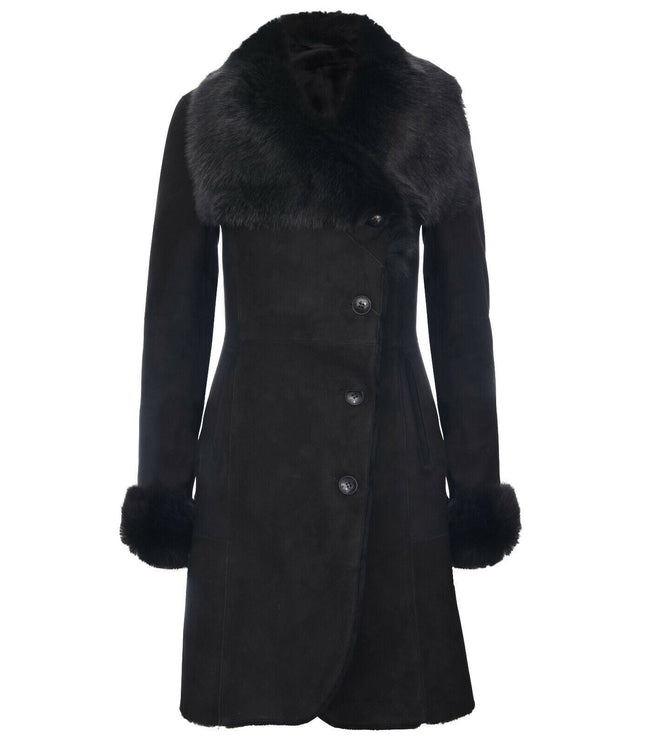 Womens Suede Merino Shearling Coat with Toscana Collar-Hanoi - Black