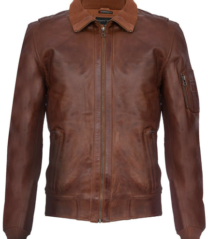 Mens Leather Varsity Bomber Jacket-Adana - Tan