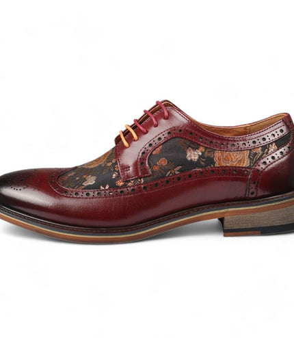 Justin Reess Men's Wine Leather Floral Print Brogue Dress Shoes - Ross