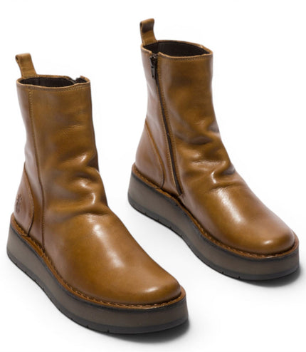 Fly London Womens Tan Leather Zip Up Platform Ankle Boots - RENO053FLY