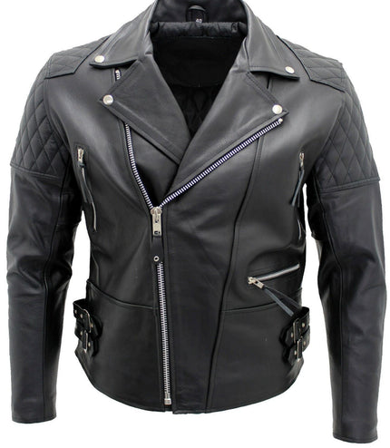 Mens Cowhide Leather Biker Jacket-Nassau - Black
