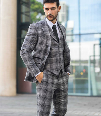 Men's Formal Grey Tweed  3 Piece Check Vintage Gatsby Style Suit