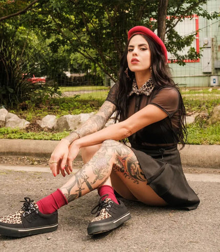 TUK Pointed Creeper Sneaker Black Leopard Canvas Platform Shoes - A9180