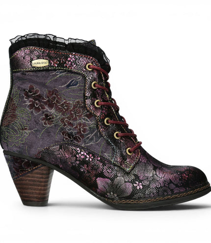 Laura Vita Women's Floral Goth Victorian Violet Leather Heeled Ankle Boots - Alcizeeo-190