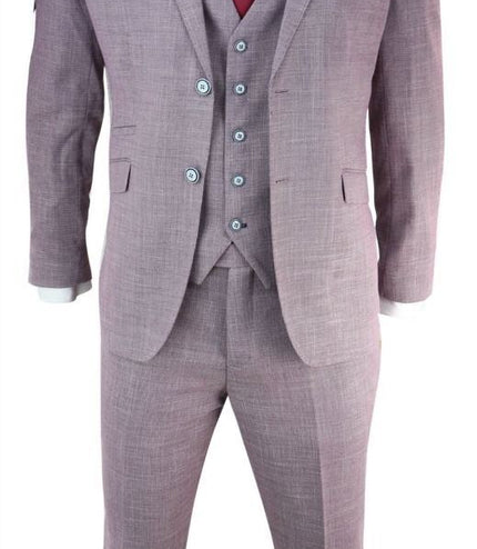 Mens 3 Piece Blush Pink Linen Summer Spring Classic Suit