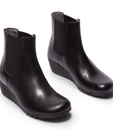 Fly London Womens Black Leather Wedge Heel Chelsea Boots - ORFU496