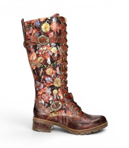 Laura Vita Women's Victorian Floral Maroon Leather High Lace-Up Long Boots - Cocrailo-82