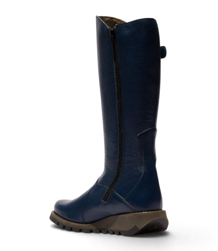 Fly London Womens Navy Leather Wedge Heel Knee High Long Boots - MOL2