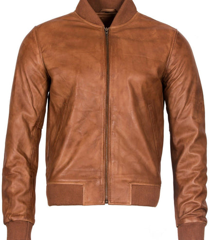 Mens Retro Varsity Leather Bomber Jacket-Pretoria - Tan