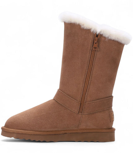 Women's Genuine Sheepskin Tan Brown Suede Calf Winter Warm Boots - Redwood