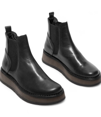 Fly London Womens Black Rawi131 Chelsea Leather Ankle Pull-On Classic Comfort Boots