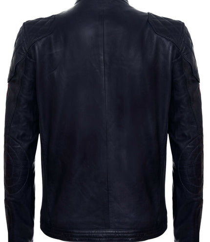 Men's Classic Striped Racing Leather Jacket- Barcelona - Navy