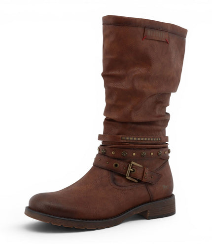 Womens Cognac Brown Faux Leather Mid-Calf Slouch Riding Boots - M0052003