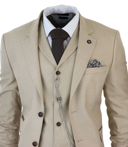 Men's 3 Piece Cream Prince Of Wales Check Suit
