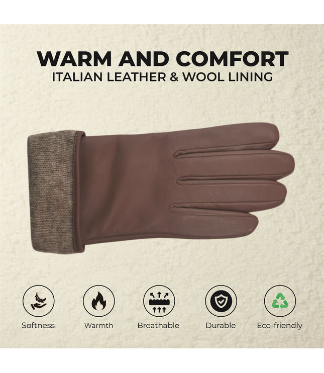 Womens Nude Beige Italian Leather Winter Button Design Soft Wool Lining Gloves - L-GLV-501