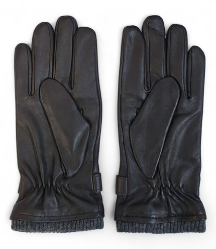 Men's Brown Italian Leather Warm Wool Lining Winter Knit Rib Gloves - M-LGV-105