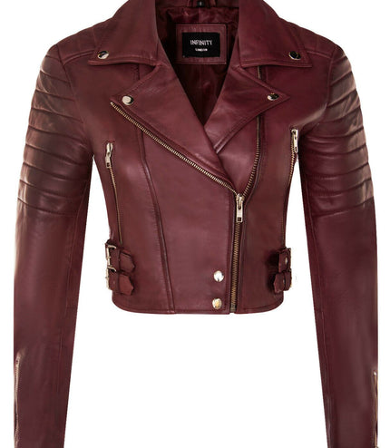 Womens Cropped Brando Leather Biker Jacket-Damascus - Burgundy