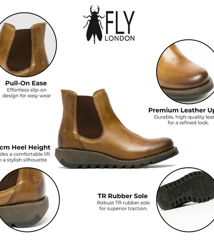 Fly London Womens Camel Salv Chelsea Leather Ankle Casual Wedge Heel Boots