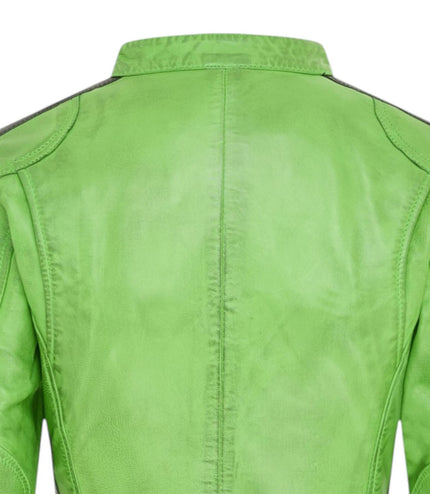 Womens Biker Racing Badges Green Leather Jacket-Eastleigh