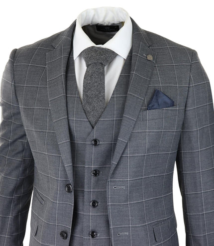 Mens Grey Suit 3 Piece Check Vintage Retro Smart Wedding Classic Tailored Fit