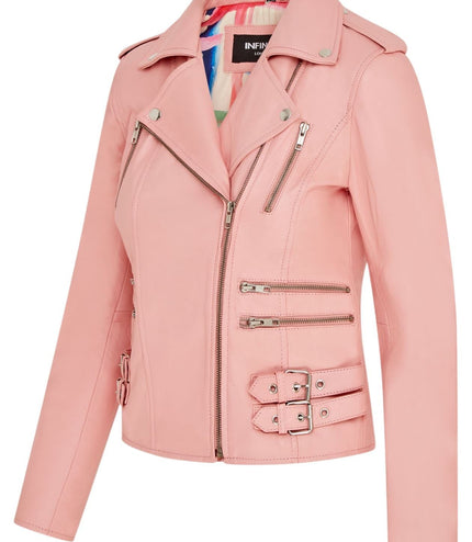 Womens Leather Brando Biker Jacket-Orlando - Baby Pink