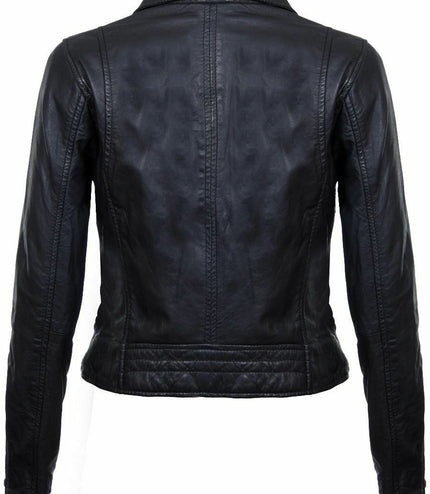 Womens Leather Classic Biker Brando Jacket-Baku - Black