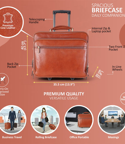 Genuine Leather Tan Wheel Laptop Briefcase Travel Cabin Pilot Bag - Nomad