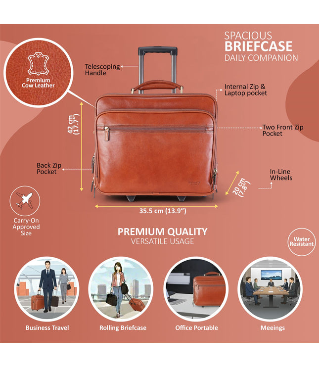 Genuine Leather Tan Wheel Laptop Briefcase Travel Cabin Pilot Bag - Nomad