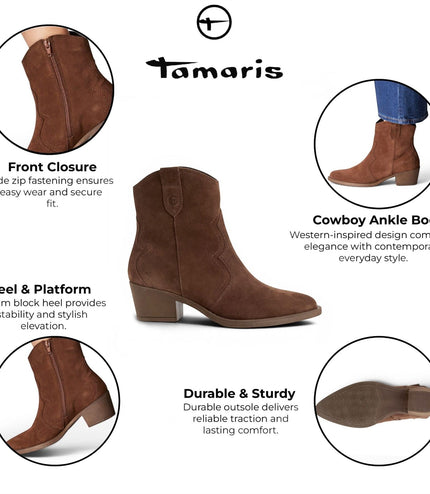 Tamaris Women’s Brown Suede Leather Cowboy Western Ankle Boots - 25702-41