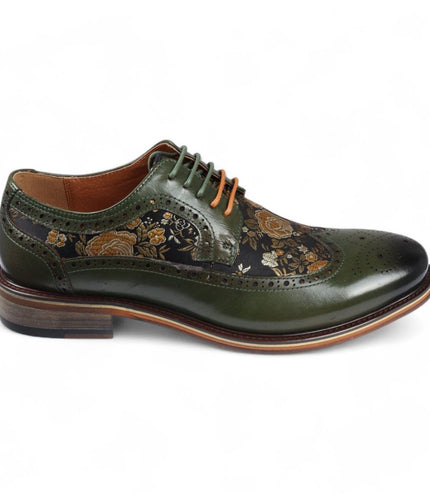 Justin Reess Men's Green Leather Floral Print Brogue Dress Shoes - Ross