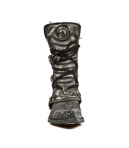 Front view of New Rock M.7993-S3 cowboy boot showing pointed toe and metal straps