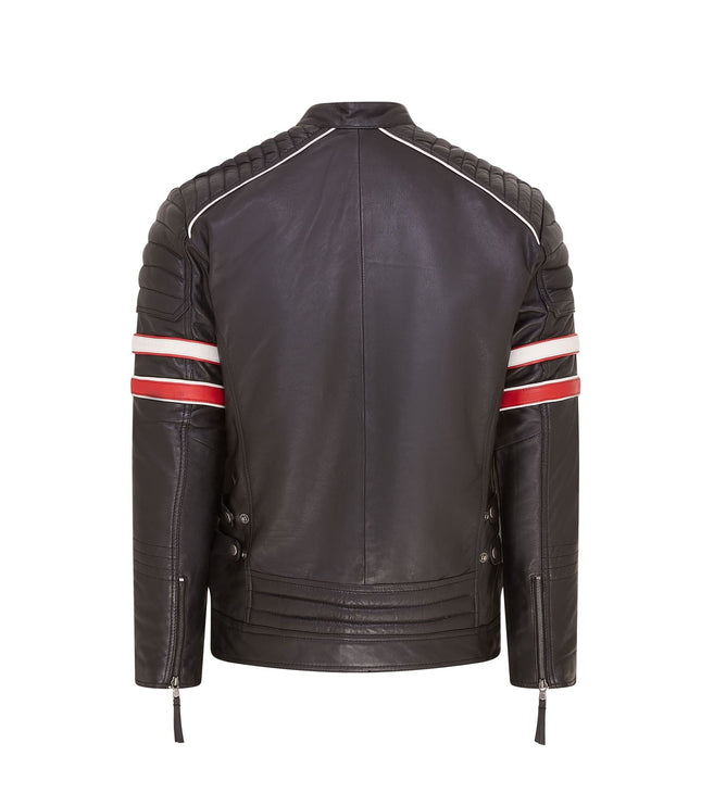 Mens Quilted Biker Leather Jacket Racing Jacket - Black