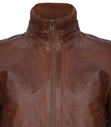 Mens Leather Varsity Bomber Jacket-Adana - Tan
