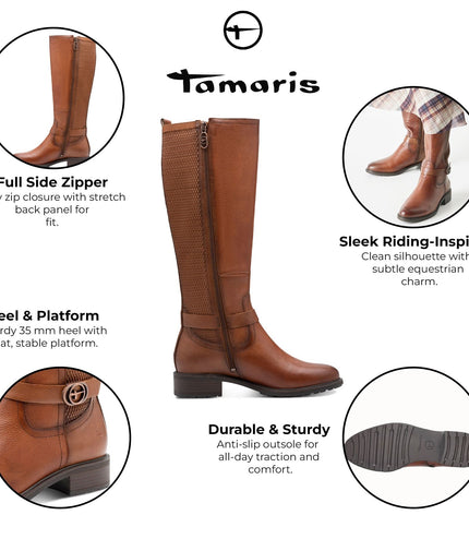 Tamaris Womens Cognac Brown Tan Leather Knee High Riding Boots