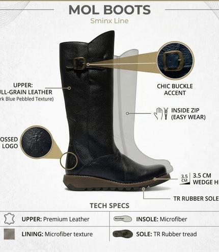 Fly London Womens Black Leather Wedge Heel Knee High Long Boots - MOL2