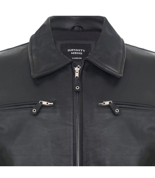Mens Black Cowhide Leather Harrington Jacket-Geneva