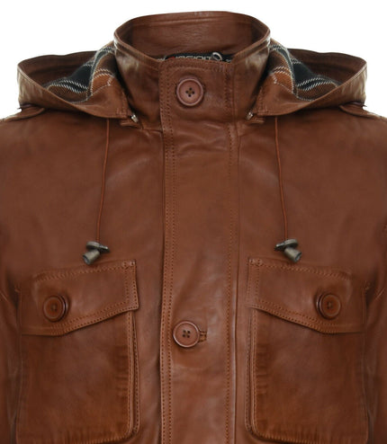 Mens Leather Hooded Trench Coat-Medellin - Tan