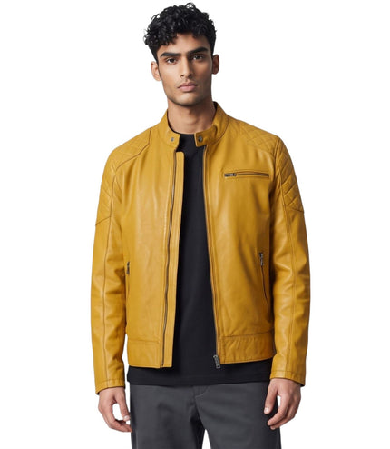 Mens Yellow Leather Quilted Shoulder Biker Jacket - Rock